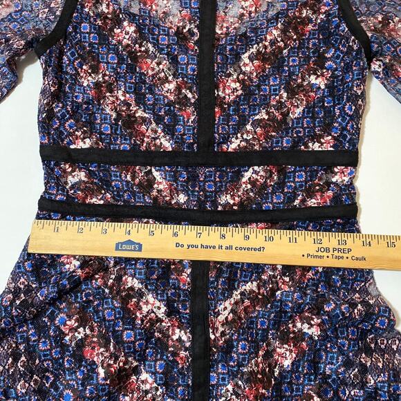 Floral Navy Sheer Long Sleeve Dress Knee Length Piping SZ Small Gothic Ruffle - Picture 8 of 14